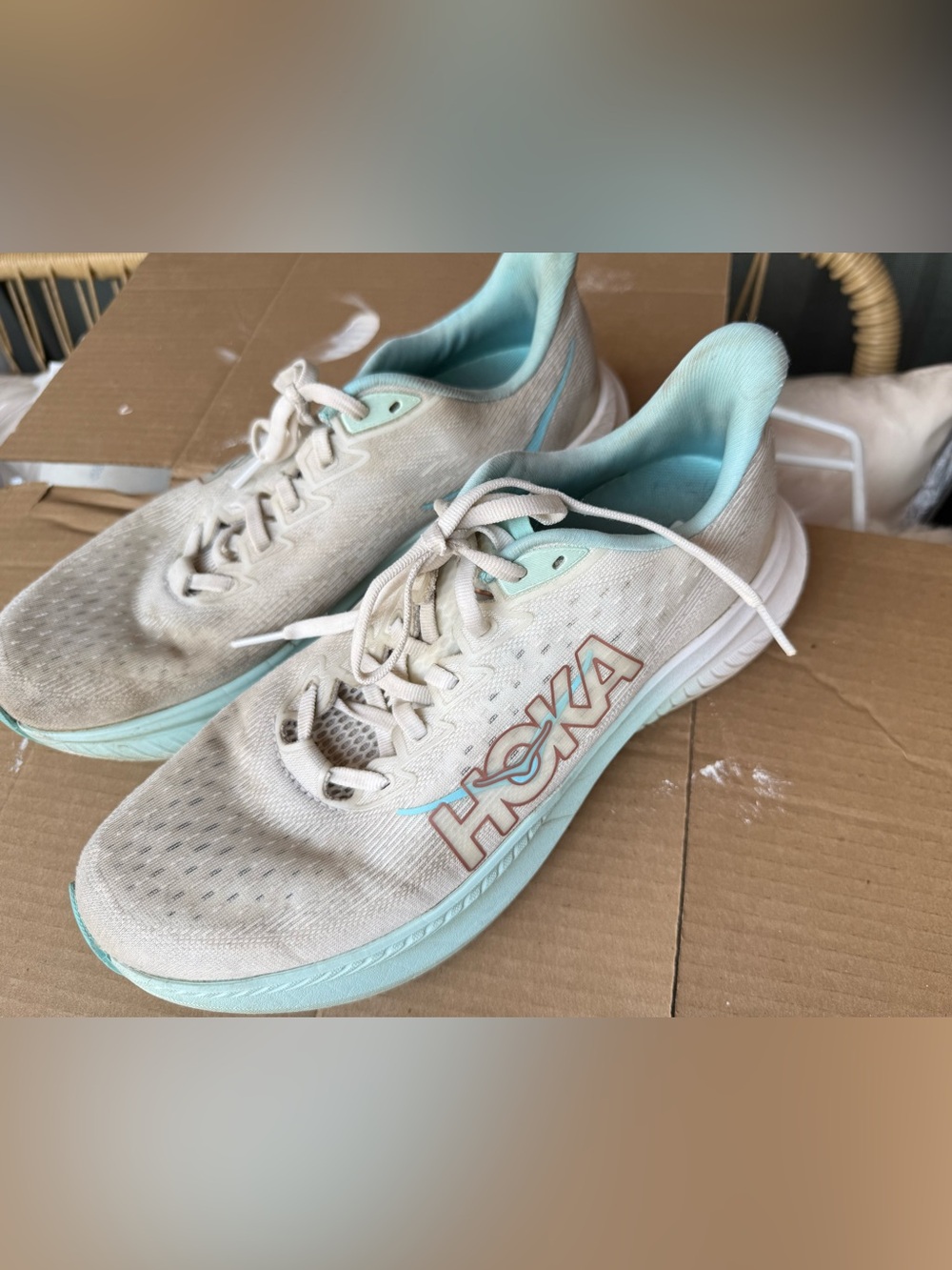 Hoka Women's Cream and Light Blue Athletic Running Shoes size 10